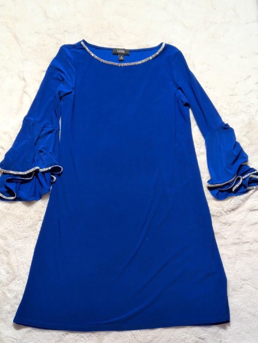 MSK Cobalt Blue Bell-Sleeve Dress with Rhinestone Trim
